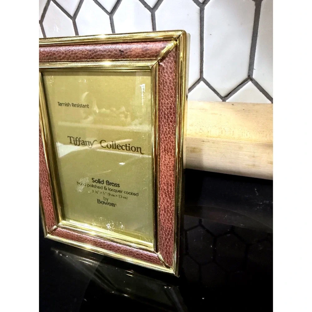 Vintage Bowon Tiffany Collection Solid Brass & Faux Leather Picture Frame 3.5x5